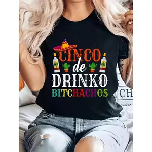 100% Cotton Cinco De Drinko Bitchachos Cinco De Mayo Party Women Men T-Shirt Print Crew Neck T-Shirt For Summer, Women's Soft Short Sleeve Top, Stylish Comfy Tee For Women Graphic Tees