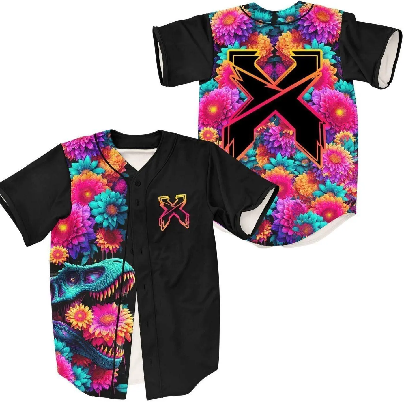 DJ Trippy Floral T-rex Rave 3D Baseball Shirt, Electronic Music Producer All Print Jersey, Edm Festivals