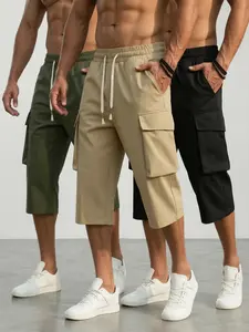 Men’s multi-pack cargo shorts with multiple colors and pockets; summer casual drawstring-waist cargo shorts; solid-color and multicolor camouflage shorts
