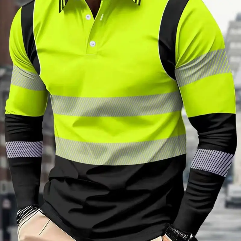 Men's long-sleeved shirt with black horizontal stripes decoration, gray and white stripe patchwork style, white button design, dynamic and fashionable casual style Striped Menswear Polo Casual Wear Clothing
