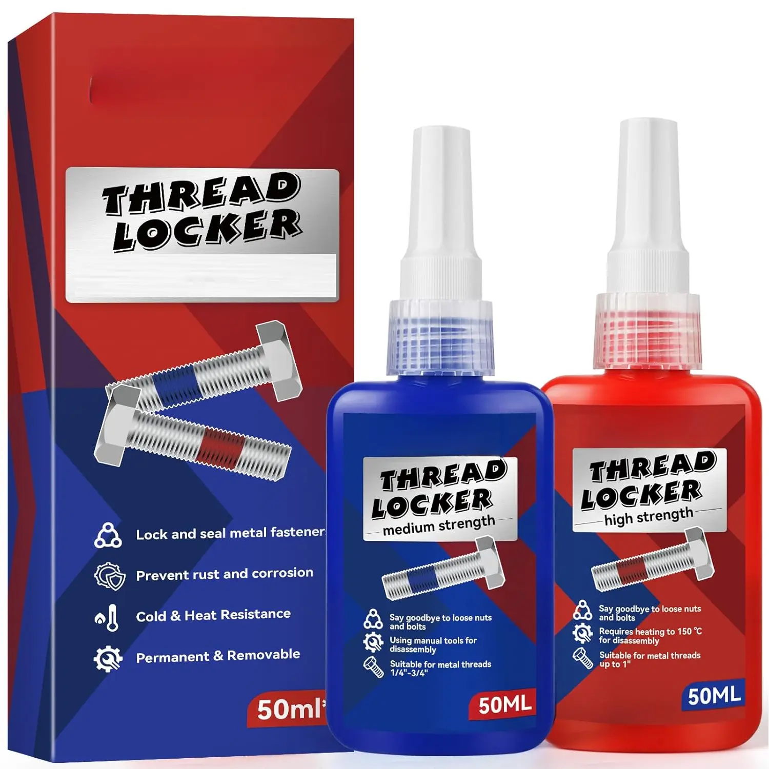 Industrial Threadlocker Adhesive Set - Blue Medium Strength, Red High Strength (100ml) for Water Pump, Valve Cover, Metal Fasteners, Nuts to Prevent Loosening and Leakage