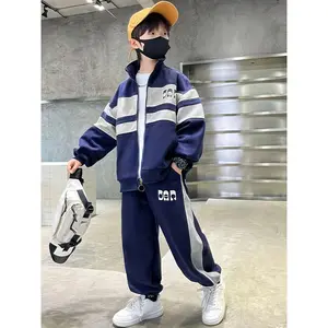 Boys' Two-Piece Set, Middle and Older Kids Casual Sporty Comfortable Color Block Zipper Stand Collar Cardigan Top + Jogger Pants Fashion Spliced Outfit, Perfect for Outdoor