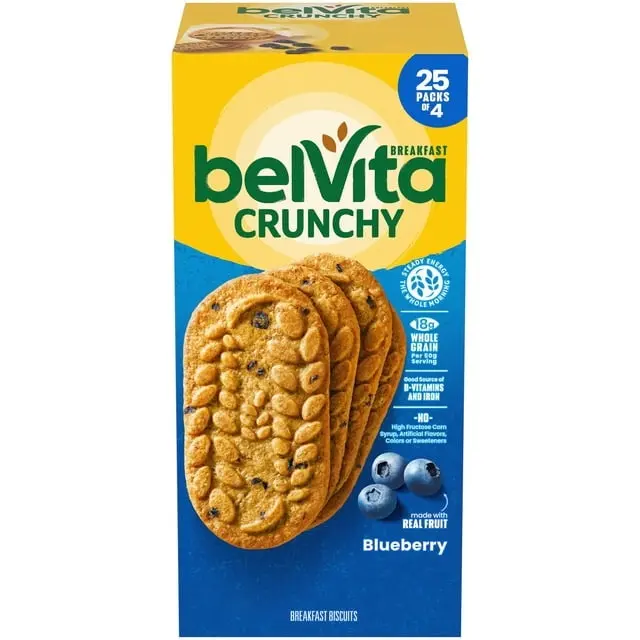 belVita Blueberry Breakfast Biscuits, 4 biscuits per pack, 25 pk. belVita Blueberry Breakfast Biscuits, 4 biscuits per pack, 25 pk.