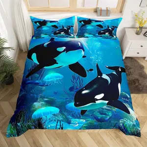 Teal Ocean Whale Comforter Cover Jellyfish Killer Whale Bedding Set,The Underwater World Duvet Cover Set,Orcinus Orcas Deep Sea Animals Marine Life Bedspreads Cover With