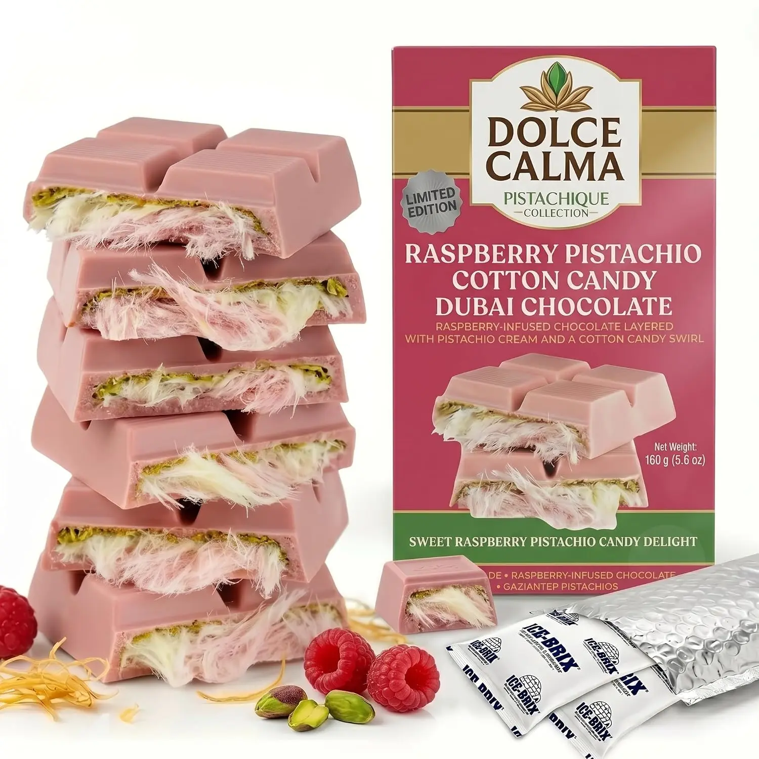 Dolce Calma Raspberry Dubai Chocolate Bar Snack - 160g/5.6oz Authentic Handmade Belgian Chocolate, Turkish Pistachio, Crispy Kataifi Kunafa Filling, Ships With 2 Ice Gel Packs
