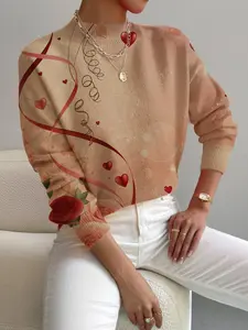 Women's Knitted Sweater with Heart & Rose Print, Casual Elegant Commute Wear, Spring Autumn Winter Fashion, Perfect for Holidays Knitwear