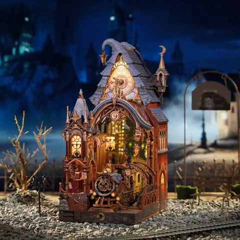 TONECHEER Gothic Wooden 3D DIY Miniature Book Nook Hobbies Kit Adults, Puzzle-Shaped, with Wooden Parts, 3D Magic Platform, Exterior Clock, AA Battery Operation, Collectible Toy for Hobbyists (Toys & Hobbies, Miniature Things)