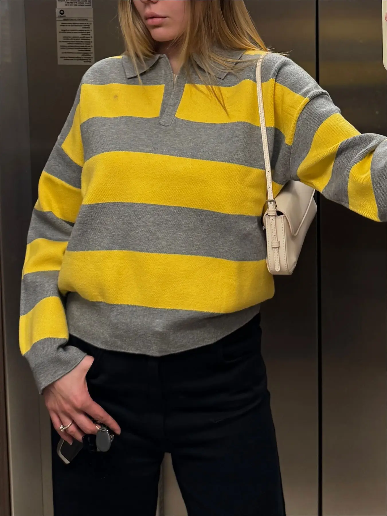 Women's Spring Fall Striped Polo Knit Sweater, Long Sleeve Colorblock Loose Fit, Simple Fashionable College Style, Casual Pullover Top