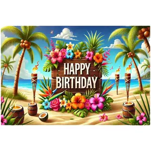 1pc Vibrant Polyester Tropical Beach Luau Party Banner - Palm Trees, Hibiscus Flowers, "Happy Birthday" Sign - No Electricity Needed, Home & Festive Supplies for Birthday Celebrations