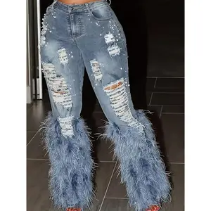 Denim Ripped Design Pearl Embellished Jeans