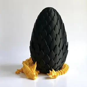 PowerTRC 3D Printed Dragon Egg with Dragon - Black Egg with Gold Dragon - Large Flexible Fidget 3D Printed Toy, Gift Bag Filler, Desk Decoration, Party Favor, (12 Inch Dragon)