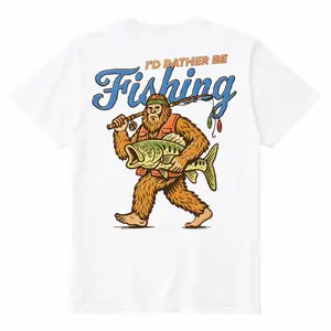 Retro Retro Forest Giant Fishing T-Shirt, Funny Bigfoot Fishing Shirt for Men, I'd Rather Be Fishing Tee, Vintage Cryptidcore Graphic Tee, Gift for Fisherman