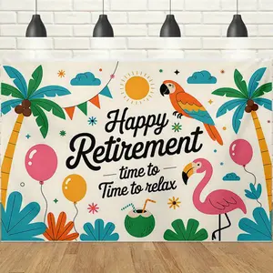 1pc 2D Tropical Happy Retirement Banner, Fresh Cartoon Style with Palm Trees, Flamingo & Parrot Elements, Bright Colors for Relaxing Vacation Vibe, HD Print, Perfect for Retirement Party / Tropical Theme Event & Farewell Celebration Decor Backdrop