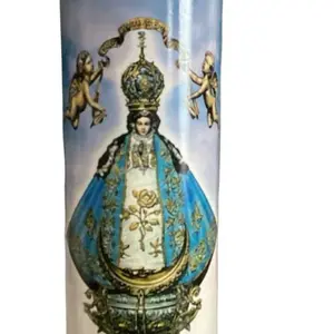 Our Lady of San Juan Devotional Candle with Detailed Blue and Gold Design and Cherub Accents for Spiritual Reflection