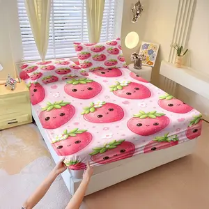 3Pcs Cute Strawberry Digital Print Fitted Sheet Set, Adorable Bedding Set with Green Leaves & White Accents, Soft Microfiber Bedspreads for a Cozy and Cheerful Bedroom Decor Upgrade! Includes 2 Pillowcases, No Pillow Core
