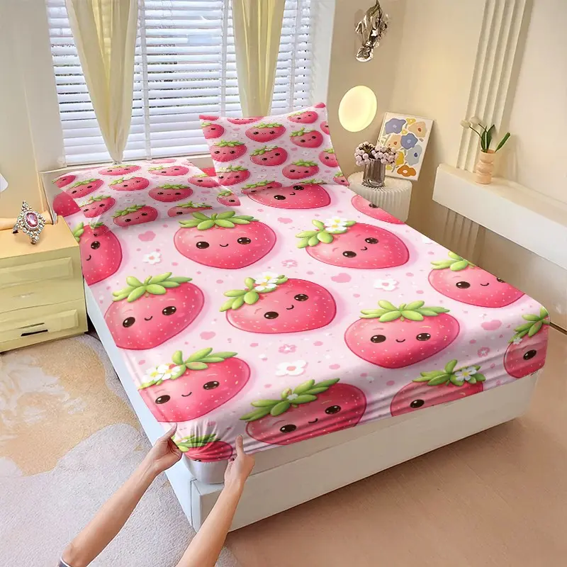 3Pcs Cute Strawberry Digital Print Fitted Sheet Set, Adorable Bedding Set with Green Leaves & White Accents, Soft Microfiber Bedspreads for a Cozy and Cheerful Bedroom Decor Upgrade! Includes 2 Pillowcases, No Pillow Core