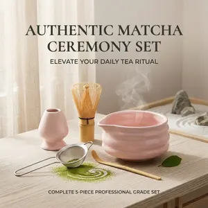 Authentic Matcha Ceremony Set, Complete 5-Piece Professional Grade Matcha Kit with Pink Bowl, Bamboo Whisk, Sifter & Scoop, Elevate Your Daily Tea Ritual