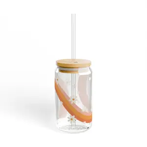 Retro Swirl White Flower Disco Sipper Glass with Straw and Lid, 16oz