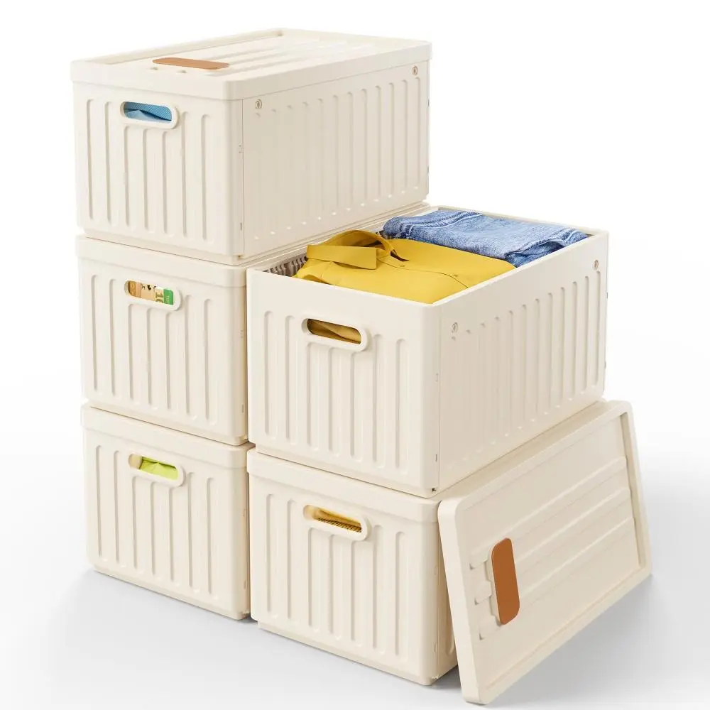 Raybee Stackable Plastic Storage Bins with Lids, Collapsible Clothes Containers for Closet Organizers and Storage, Durable Foldable Boxes Totes Tubs for Kitchen Pantry, Garage, Outdoor, Home Organization, Space Saving Dustproof Storage Bins, Easy Setup