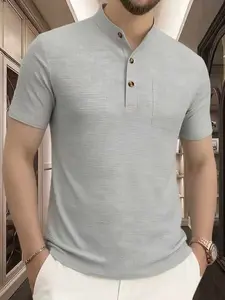 Men's Waffle Knit Stand Collar Henry Neck Short Sleeve T-Shirt, Casual Fashion Tee for Daily Wear, Comfortable and Stylish