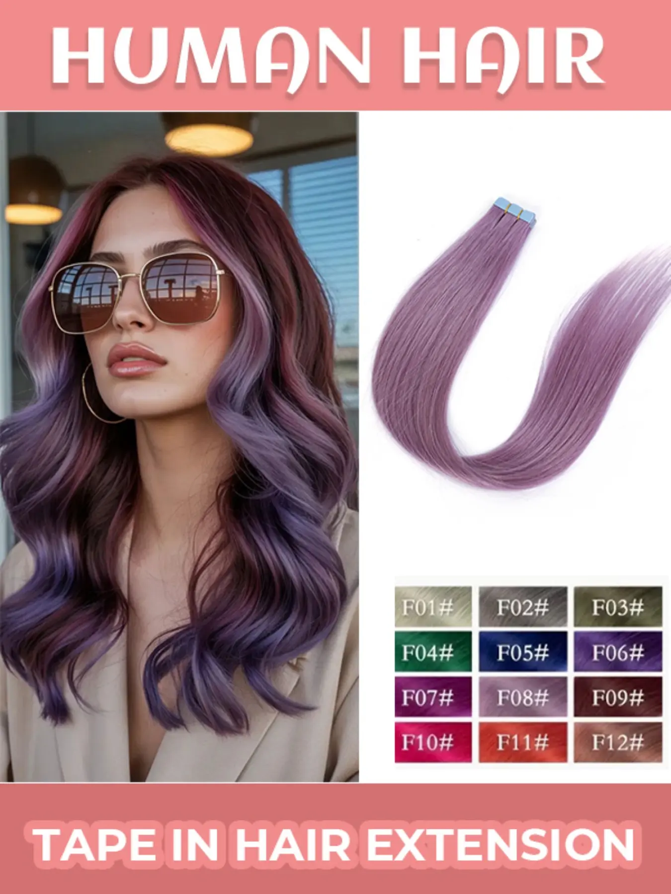 Real Human Hair Tape-in Hair Extensions Suitable for Women & Men - Mini Straight Hair with Natural Pink/Purple/Blue/Green Highlights, Invisible PU Weft Tape-Ins for Easy Installation, Temporary Color Change