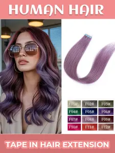 Real Human Hair Tape-in Hair Extensions Suitable for Women & Men - Mini Straight Hair with Natural Pink/Purple/Blue/Green Highlights, Invisible PU Weft Tape-Ins for Easy Installation, Temporary Color Change