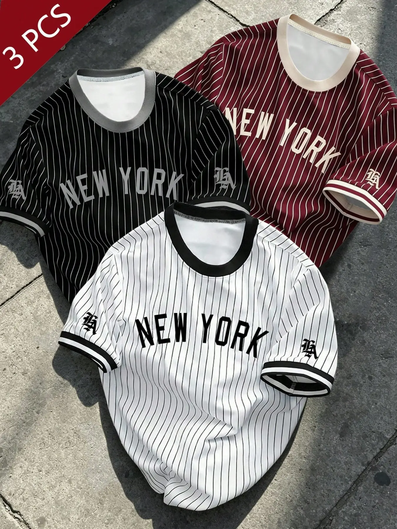 3Pcs NEW YORK Striped Print Crew Neck Tee, Casual Classic Short Sleeve Baseball T-Shirt, Loose Fit Streetwear Tops for Men & Women, Men's Summer Retro New York Letter Vertical Stripe Baseball Short Sleeve T-Shirt