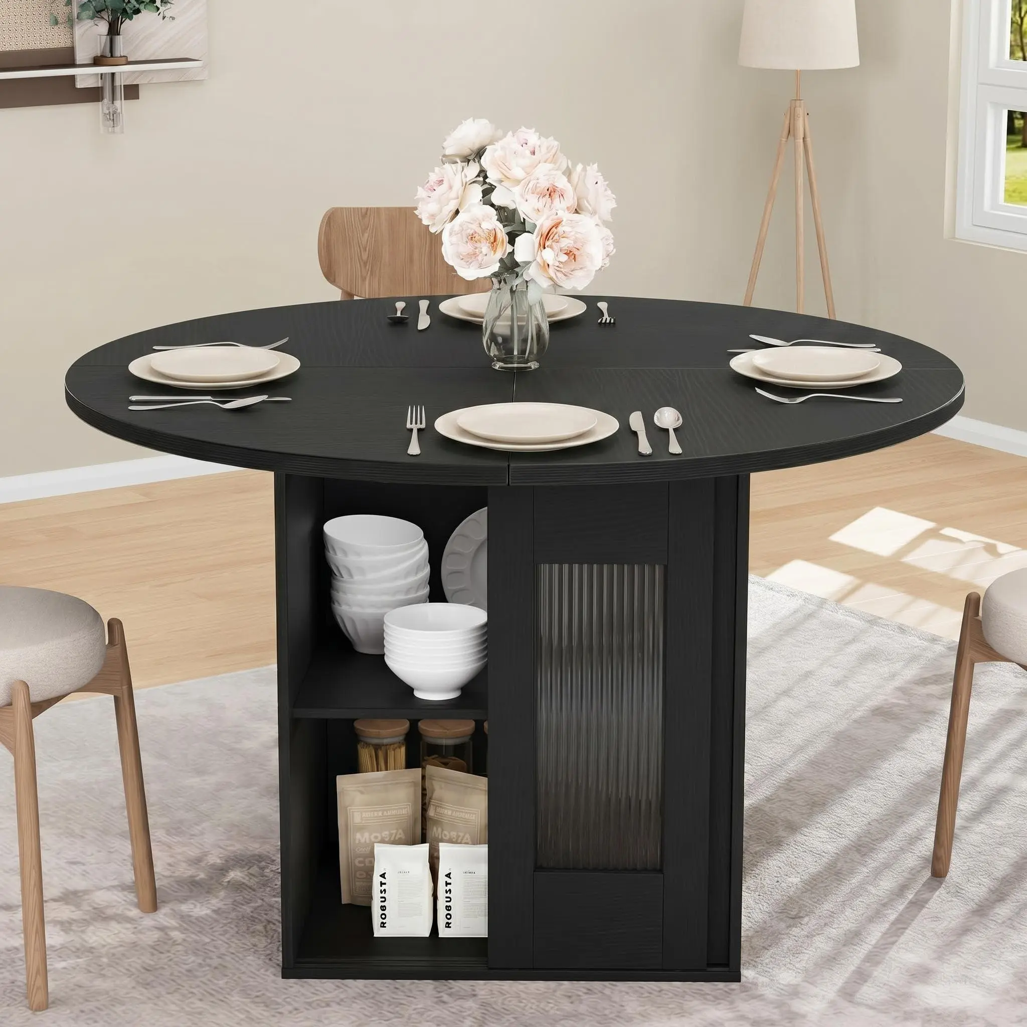 Round Dining Table with Storage for 4-6, 47"Wooden Extendable Kitchen Table