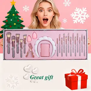 23pcs Luxury Rhinestone Makeup Brush Set, Pink and White Synthetic Brushes with Diamond Handle, Elegant Glamorous Beauty Brushes for Foundation, Eyeshadow, Contouring, Highlighting (plata)