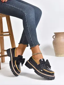 Women's Casual PU Leather Slip-On Shoes, Comfortable Low Heel Loafers with Bow Design, All Season Fashion Footwear Bowknot Design Shoes