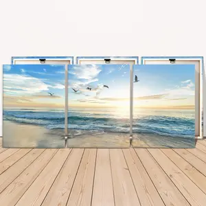 Wooden Framed Canvas Painting, 3 Counts/set Sunrise By The Sea Canvas Poster, Natural Landscape Decorative Painting, Modern Art, Home Wall Decor