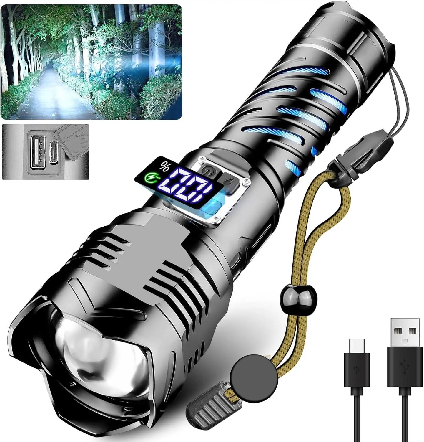 Hight Power Flashlights High Lumens Rechargeable with charging Phone function, 60W Super Bright LED Flashlight with LCD Display 5 Modes & Double Switches, Waterproof High Power Handheld Flash Light for Emergencies Camping Hiking, Emergency Rechargeable To
