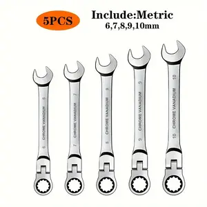 5pcs Flex Head Ratcheting Wrench Set, Metric 6-10mm Spanner Gear Ring Ratcheting Combination Wrenches Kit, 180° Head, 72 Tooth, Box End and Open End Wrench for Tight Spaces(Silver)