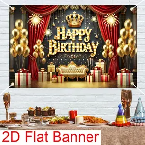 1pc 2D Flat Elegant Red & Golden Themed Birthday Party Banner - Polyester Backdrop with "Happy Birthday" Text, Golden Balloons & Fireworks Design, Perfect for Indoor/Outdoor Celebrations, Photo White