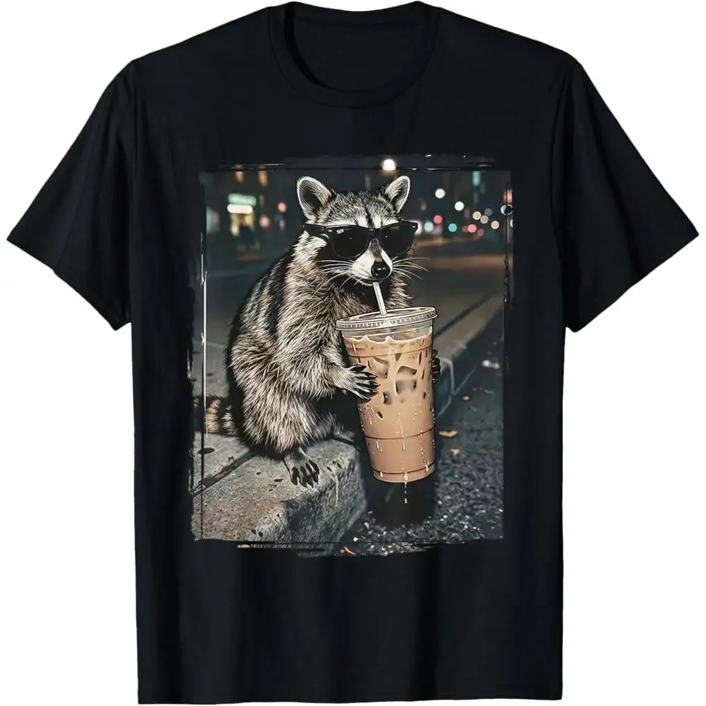 100% Premium Cotton T-Shirt Raccoon Drinking Iced Coffee Funny Animal Meme Men Women T-Shirt