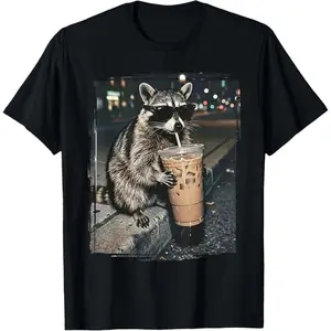 100% Premium Cotton T-Shirt Raccoon Drinking Iced Coffee Funny Animal Meme Men Women T-Shirt