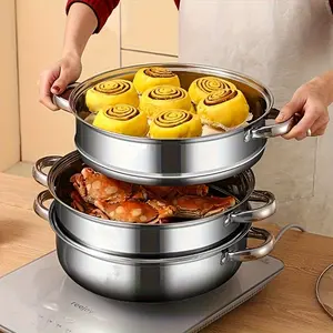 Stainless steel three-layer steamer with glass cover set - Large steamer, thickened one-piece design for restaurants