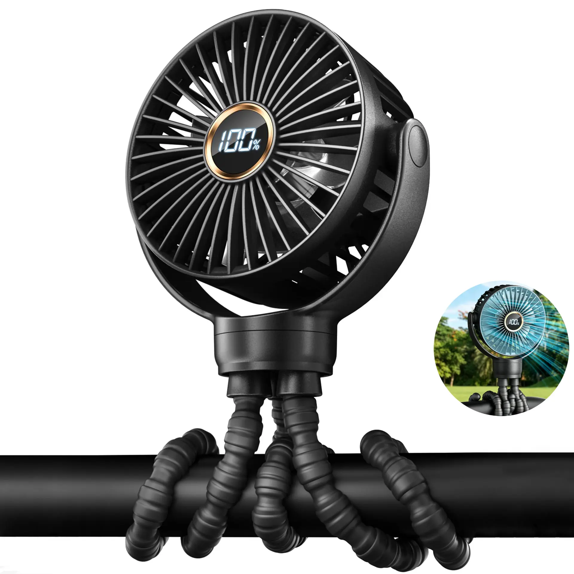 Portable Stroller Fan, 360° Rotatable Octopus Fan, 3-Speed Adjustable Tripod Clip-on Fan, Rechargeable Fan with Flexible Tripod Stand, Cooling Fan for Car Seat, Treadmill, Bike, Golf Cart, Beach, Camping, Travel Accessory