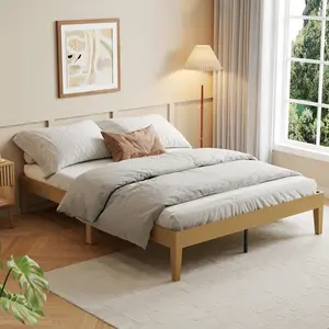 Queen Size Bed Frame, 14 Inch Natural Wood Platform Bed with Strong Wood Slats Support, Noise-Free Design, Easy Assembly, No Box Spring Needed, Wooden Bed Frame Without Headboard