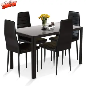 5 Pieces Dining Table Set, Modern Rectangular Dining Table Set for 4 Persons with Tempered Glass Top Table and 4 PU Leather Chairs for Breakfast Dining Room Kitchen Furniture, Black