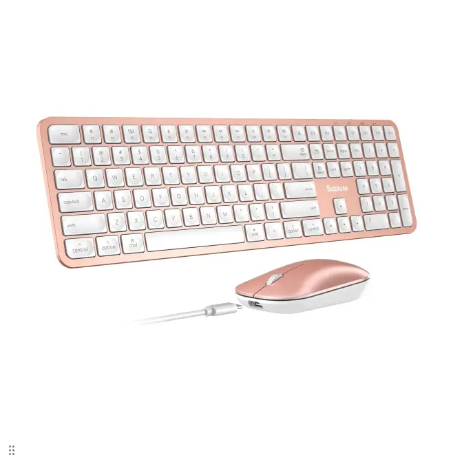 SABLUTE KMA1Pro Slim Keyboard and Mouse Combo, Metallic Texture Quiet Buttons Rechargeable USB-C Bluetooth Set with Built-in Cells for MacBook iPad, Metallic Finish