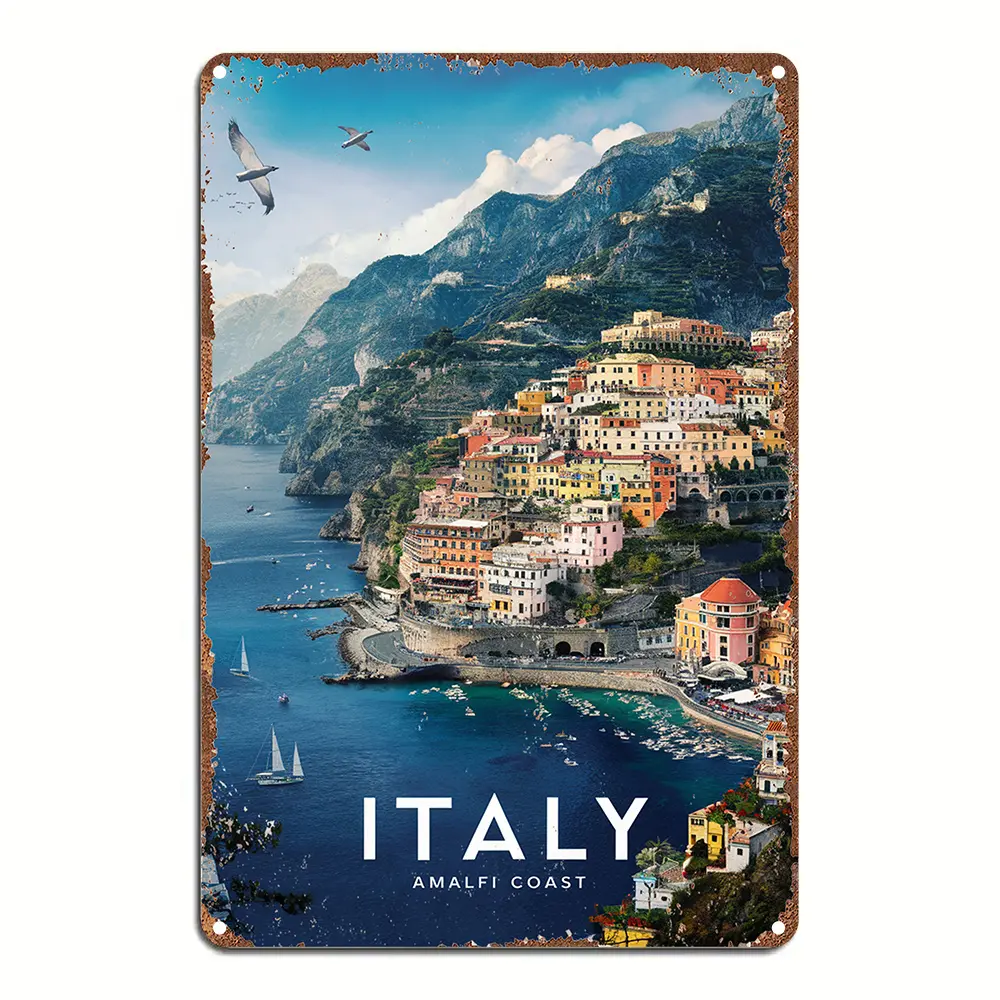Metal Tin Signs Room Decor  Vintage Italian Amalfi Coast Metal Sign, Aluminum Wall Art, for Home, Bedroom, Dining Room, Bar, Cafe, School, Library, Door, Garage Decor, Festive Party Decorations and Gifts