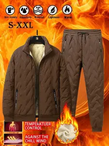 Men's Winter Fleece Jacket Set, Stand Collar, Drawstring Waist, Print Zipper Pockets, Thick Woven Fabric, Casual FashionGift