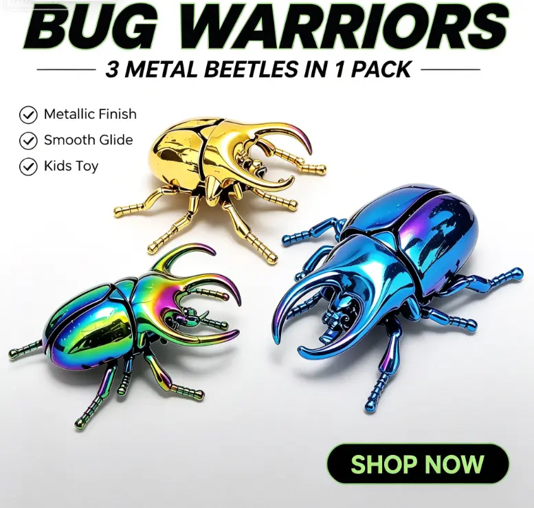 3 Pack Wind Up Battle Beetle Toys, Metallic Chrome Spring Powered Rhino Beetle Duel Game, Twist & Go No Battery Insect Warrior Playset Gift for Boys Kids Age 3+