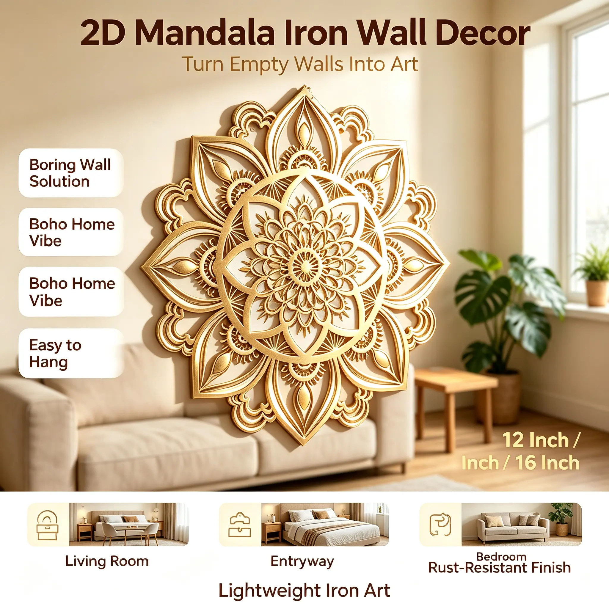 boho  wall hanging, rustproof cutout wall ornament, 12 inches & 16 inches, for living room, entryway, bedroom, indoor concealment, outdoor home wall hanging  Modern Gold Feminine Wall Decor  teacher door hanger  chic decor  rustic home decor