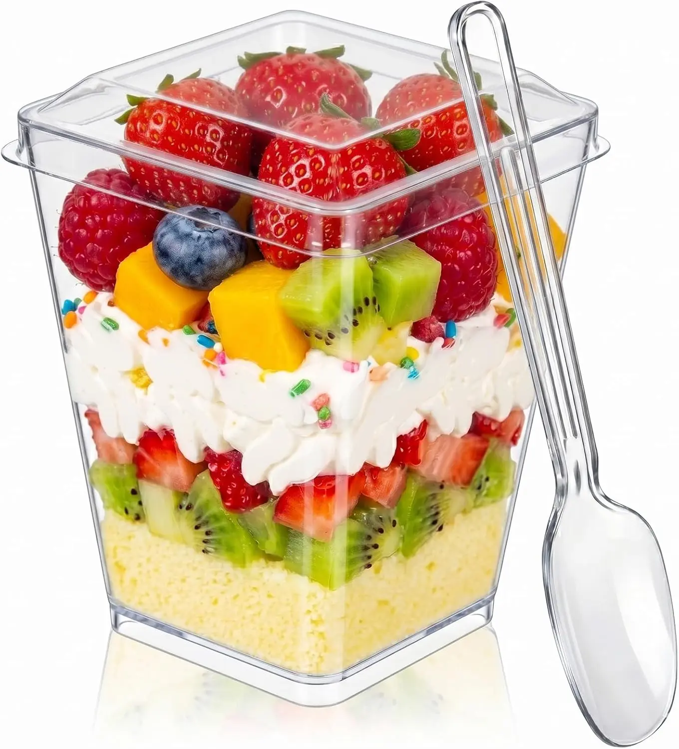 50Pcs Clear Square Serveware Bundle with fitted lids and small eating spoons, crafted for chilled handmade confections & sliced fresh produce, great for family feasts,homemade confection gear,casual gathering goods,home celebration accessories