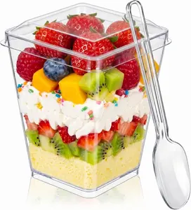 50Pcs Clear Square Serveware Bundle with fitted lids and small eating spoons, crafted for chilled handmade confections & sliced fresh produce, great for family feasts,homemade confection gear,casual gathering goods,home celebration accessories