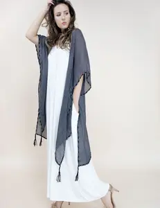 One Size Boho Woven Sheer Black Tassel-Trim Lightweight Kimono Cardigan Wrap Womenswear Elegant Clothes Beige Chic