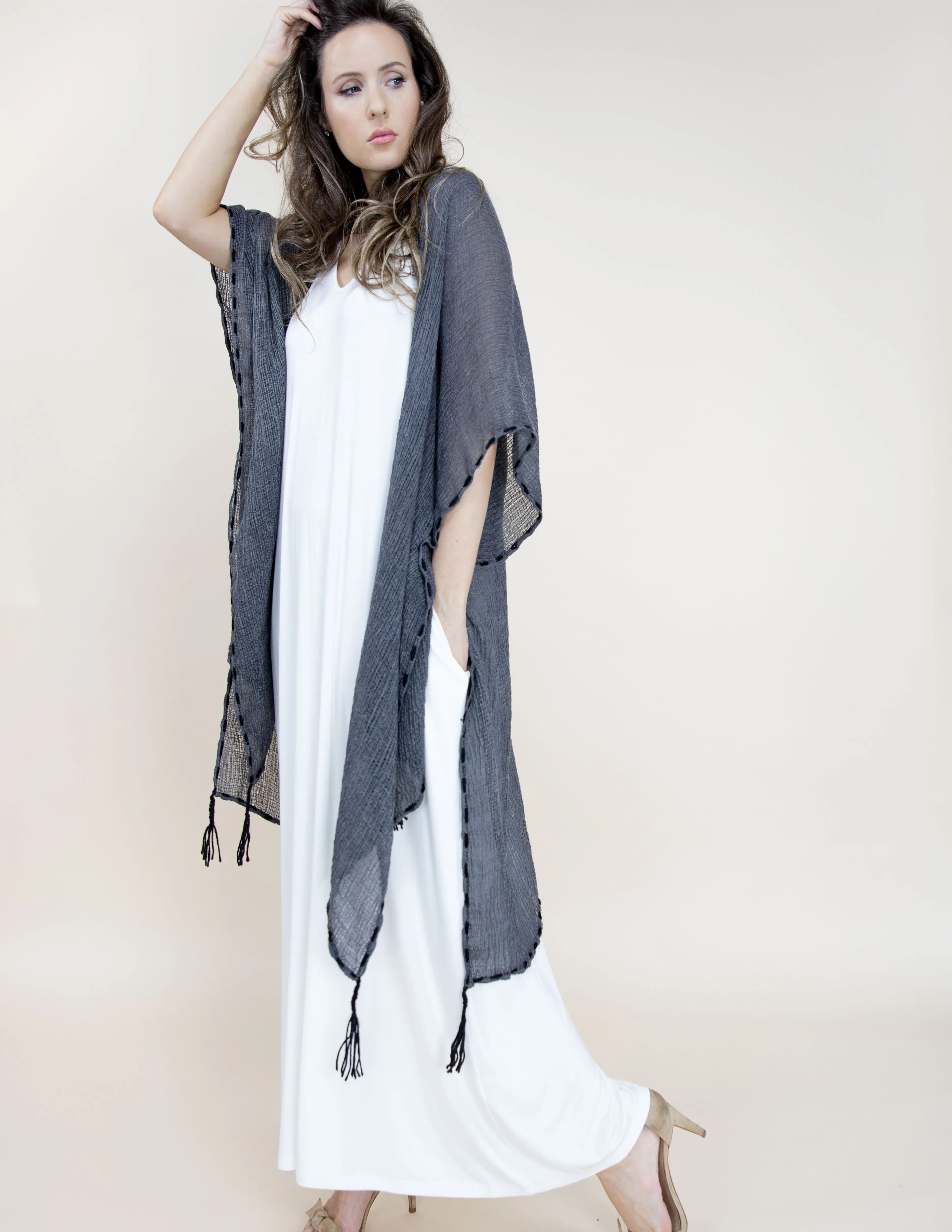 One Size Boho Woven Sheer Black Tassel-Trim Lightweight Kimono Cardigan Wrap Womenswear Elegant Clothes Beige Chic