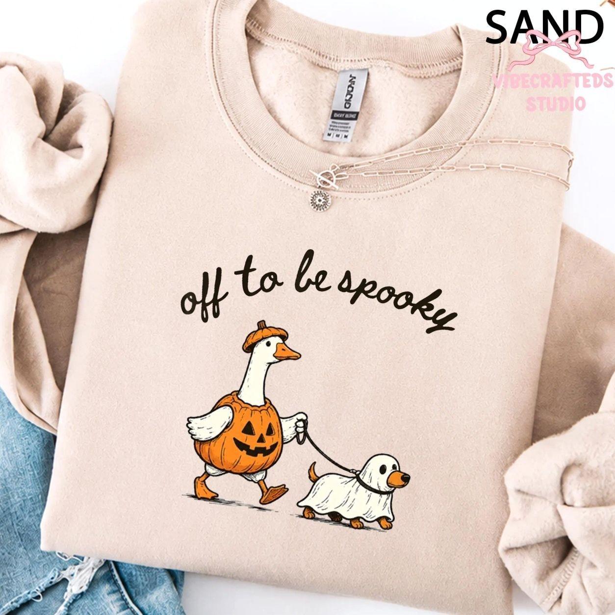 Off to Be Spooky Goose Walking Ghost Dog Sweatshirt, Funny Goose Halloween T-Shirt, Cute Pumpkin Goose Fall Graphic Tee, Spooky Season Ghost Dog Costume Outfit, Cozy Fall Autumn Season Teacher Apparel, Halloween Party Gift for Women & Men